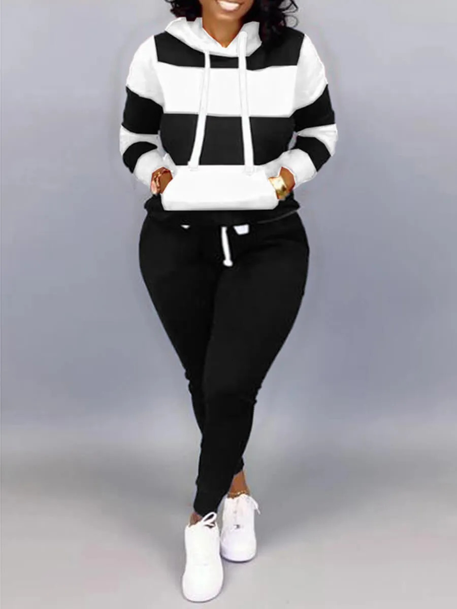 LW Plus Size Striped Drawstring Track Set Autumn Womens Hoodie Printed Long Sleeve Warm Sweatshirt 250122
