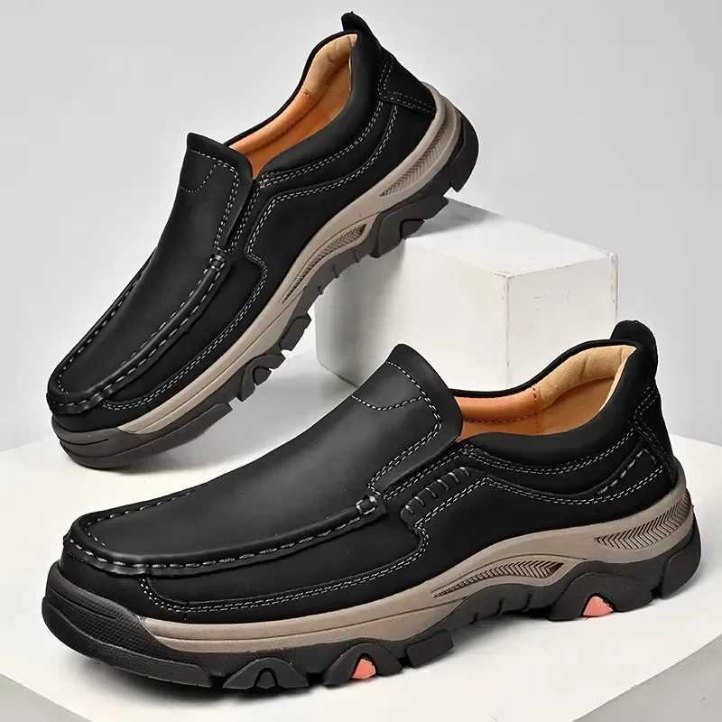 Senior Brand Male Hiking Footwear Genuine Leather Male Loafers Thick Bottom Business Shoes Slip- Leather Mens Casual ShoesXJ250118