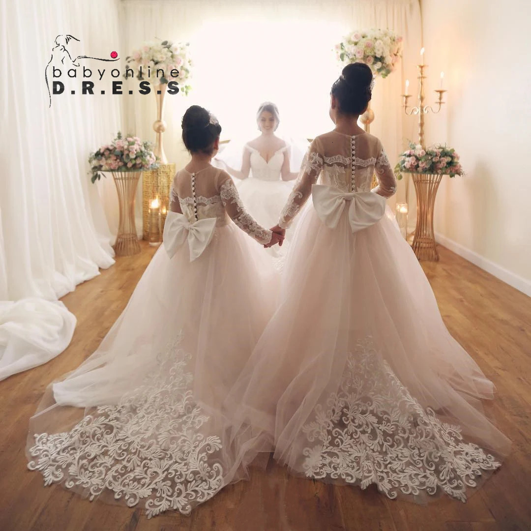 BABYONLINE Long Sleeve Flower Girl Dresses For Wedding Guest Kids Bridesmaid With Bow White Ivory Lace Tulle First Communion 250120
