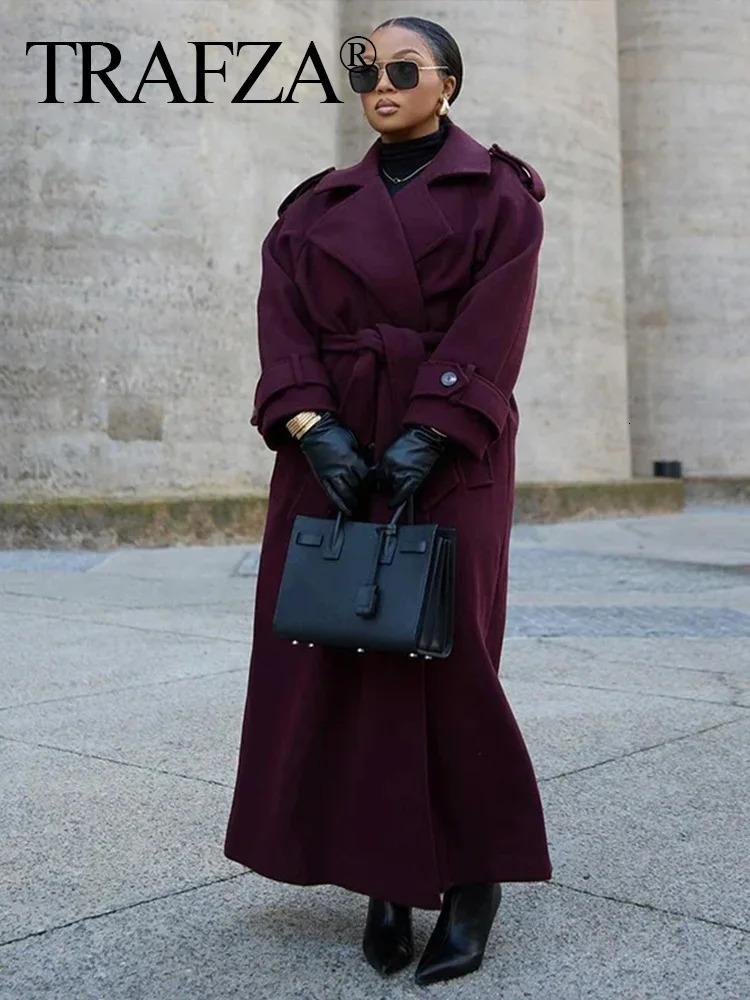 TRAFZA Elegant Double Breasted Windbreaker With Belt Female Long Sleeve Lace Up Loose Lapel Pockets Fashion Woolen Coat 250118