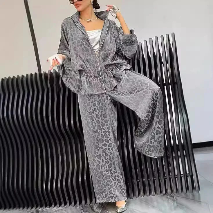 Spring Autumn Fashion Leopard Print 2 Piece Sets Women Fall Lapel Zipper Drawstring Coat Wide-leg Pants Outfit Long Sleeve Suit 250107