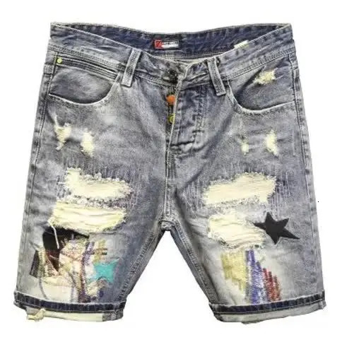 High-Streets Summer Slim Denim Shorts for Men with Distressed Ripped Embroidered Cat Whiskers Hip Hop Streetwear Short Pants 250122