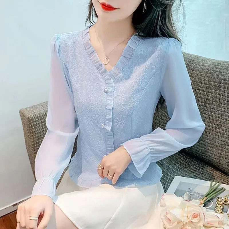 Women Spring Autumn Style Chiffon Blouses Shirts Lady Casual Long Flare Sleeve VNeck Blusas Tops ZZ1553 250121