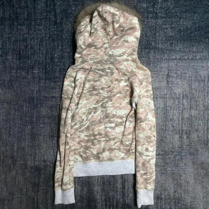 Streetwear Y2K Zip up hoodie Dark Faux Fur Collar Camouflage Rock Goth Zipper Hoodie sweatshirt Punk Hip Hop Jacket Vintage EMO250120