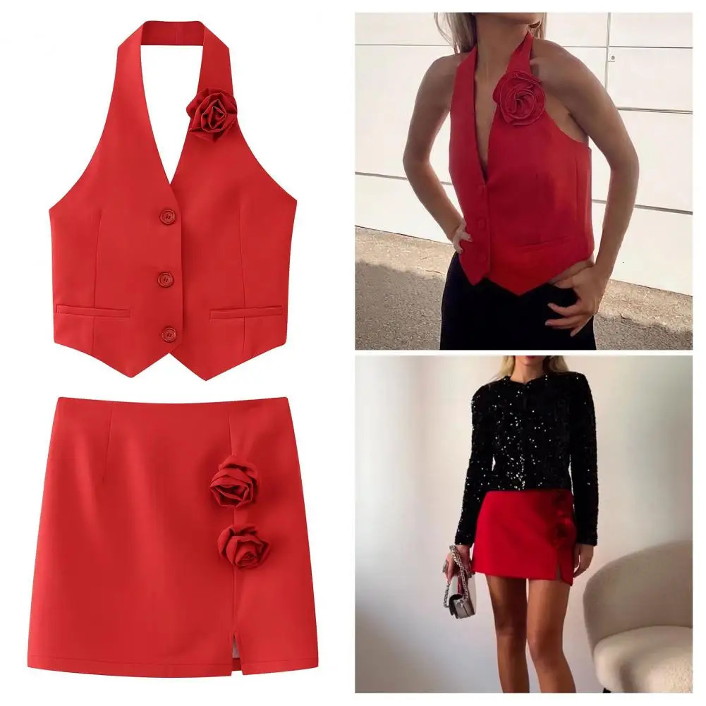Women Vest Skirt 3D Rose Decor Split Hem Slim Fit Mini Halter Neck Off Shoulder Tops Waistcoat Prom Party Clothes 250122