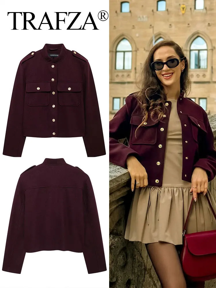 TRAFZA Female Fashion Burgundy Jacket Long Sleeves Short Cardigan Top Woman Pockets Outerwear Streetwear Womens In Coat 250122