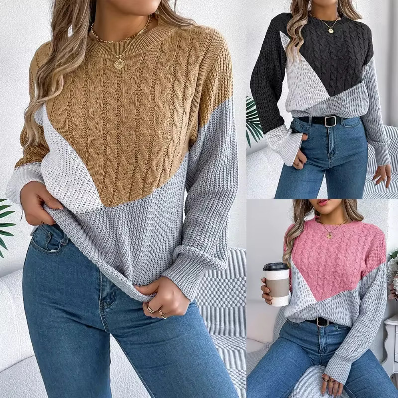 2025 Autumn Winter Pullovers Casual Color Contrasting Sweater Women Loose O-Neck Tops Fashionable Versatile Knitted Sweaters