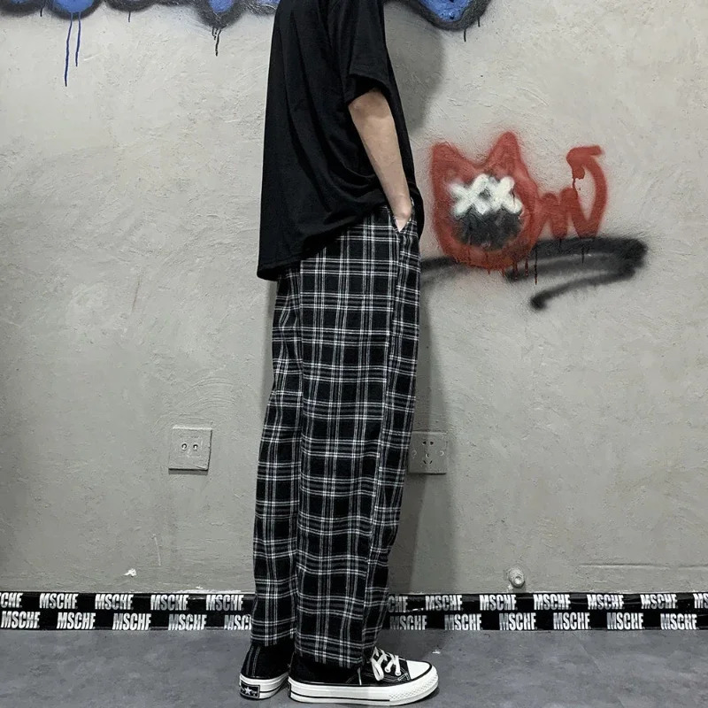 Korean Style Plaid Pants Women Summer Loose Straight Wideleg Casual Office Lady Trousers Daily Sweatpants Female 250122