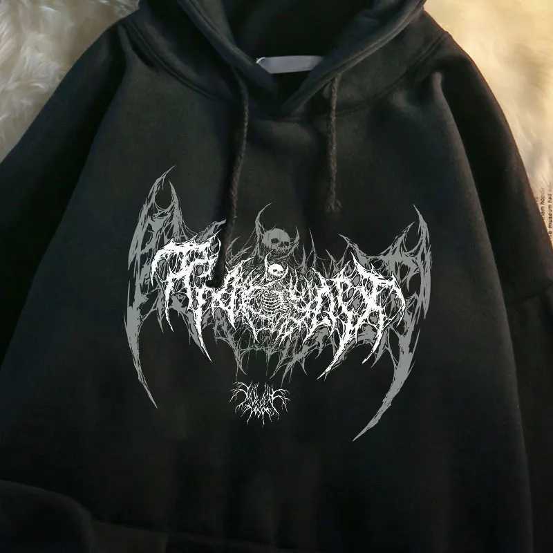 Long-sleeved Casual Punk Style Womens Hoodie Skull Top Gothic Deep Black 2024 Loose Ulzzang Fashion Sweatshirt W250117