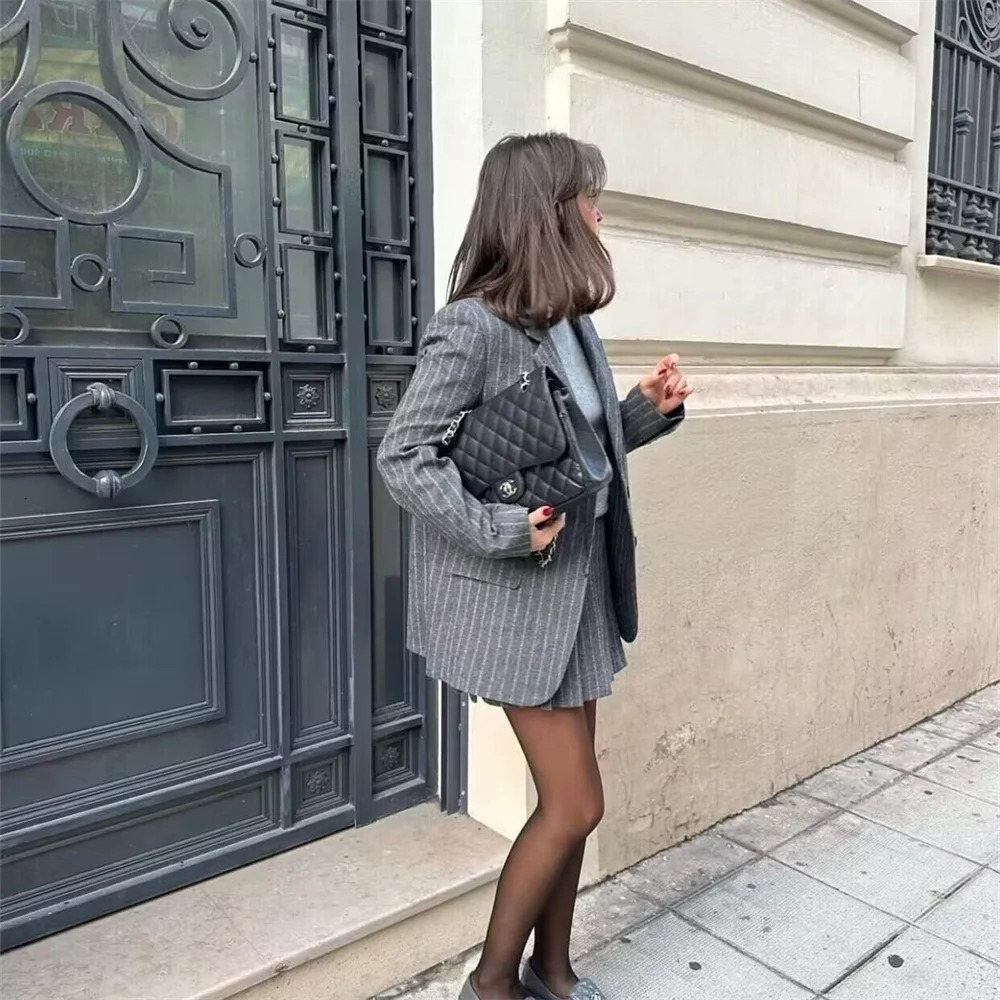 Spring Womens Casual Versatile Blended Fine Stripe Suit Coat Slim Fit High Waist Skirt Fashion Set 250109