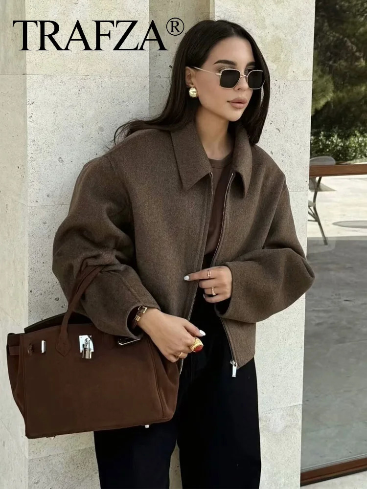 TRAFZA Womens Solid Colour Zip Tweed Jacket Fashion Female Loose Lapel Warm Street Jackets Simple Top Coat 250122
