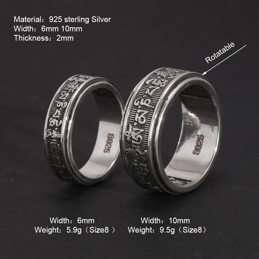 Real 925 Sterling Silver Vintage Rings For Men Rotatable Tibetan Six Words Mantra Rings Om Mani Padme Hum Buddhist Jewelry 250117