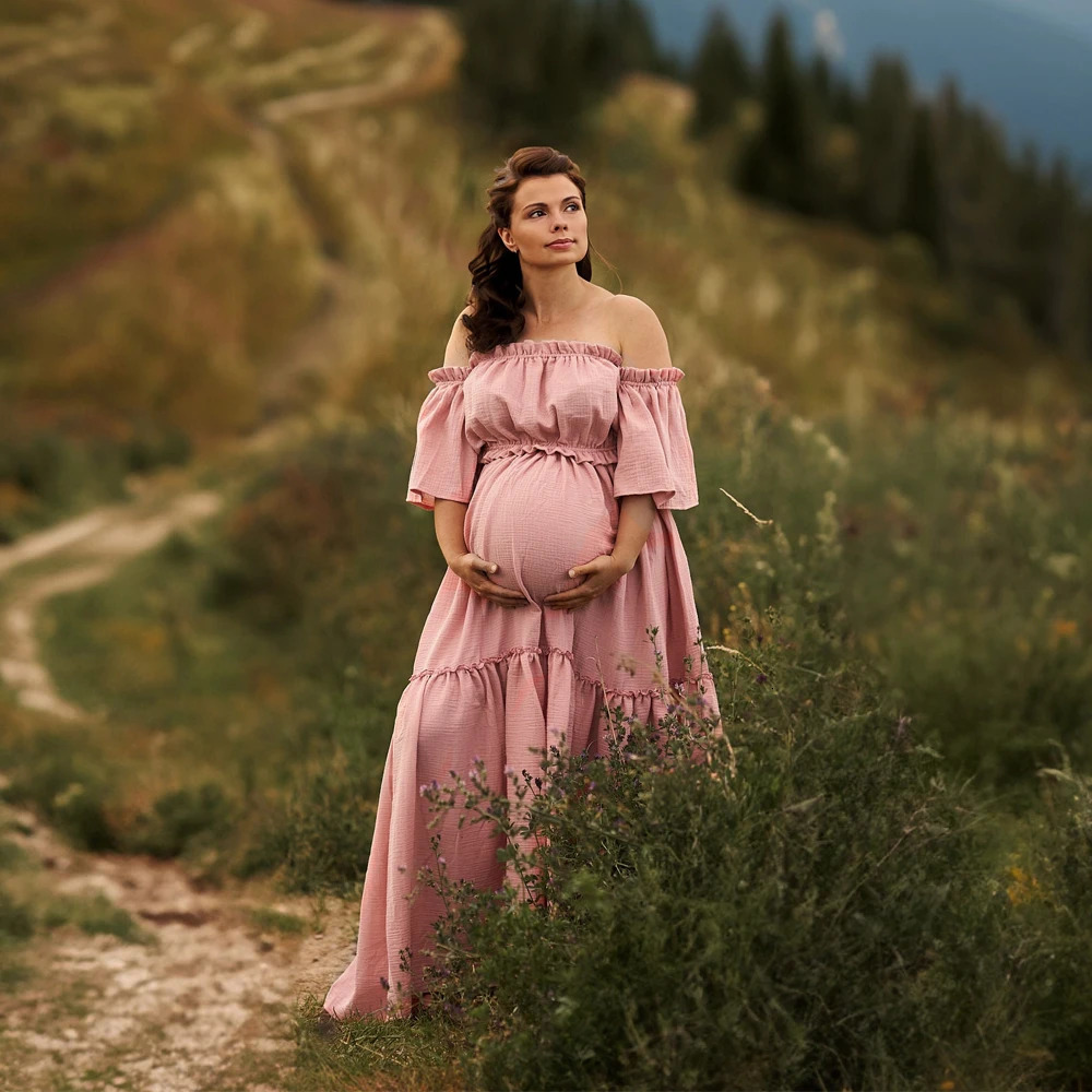 Women Boho Dress Comfortable Linen Cotton Maternity Clothing Vintage Short Sleeve Dress For Pregnancy Po Shoot 250116