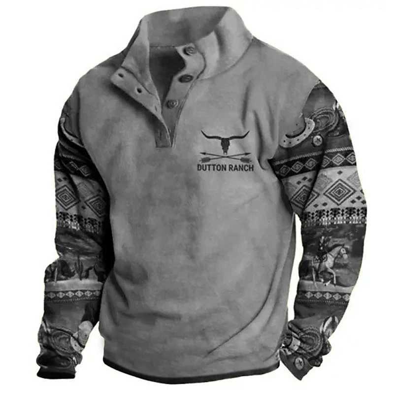 Mens Hoodie Autumn Long Sleeve Sweatshirt Vintage Aztec Cow Skull Print Oversized Y2K Clothing Button Fashion Hoodies for Men W250117