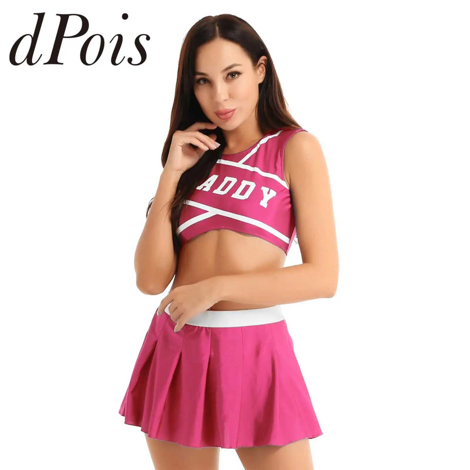 2Pcs Women School Girls Cheerleading Uniforms Set DADDY Printed Cheerleader Costume Sleeveless Crop Top with Mini Pleated SkirtW250121