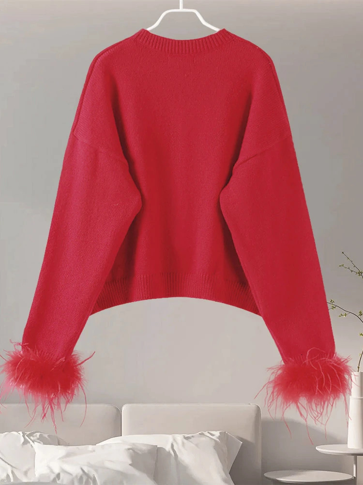 Feather Sweaters Women Knitted Cardigan Fashion Single Breasted Loose O-neck Coat Long Sleeve Party Casual Club Chic Outerwear 250116