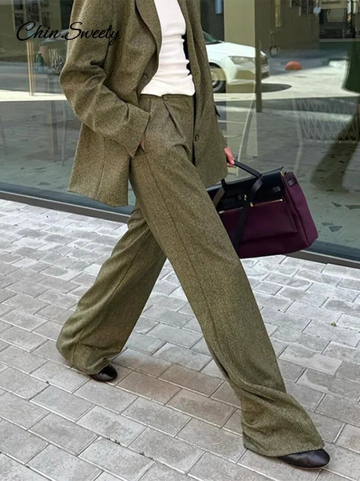 Elegant Coat Pant Sets Woman Fashion Lapel Long Sleeve Single Breasted Blazer Wide Leg Pants 2 Piece Set For Women Loose Outfits 250118