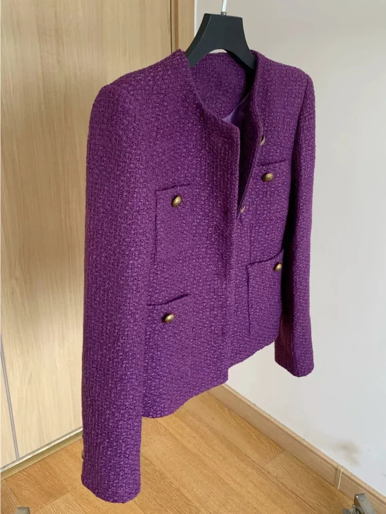 Vintage Tweed Purple Jacket Women Elegant Long Sleeve Single Breasted Woolen Coat Korean Fashion Outwear Fall Winter 250122