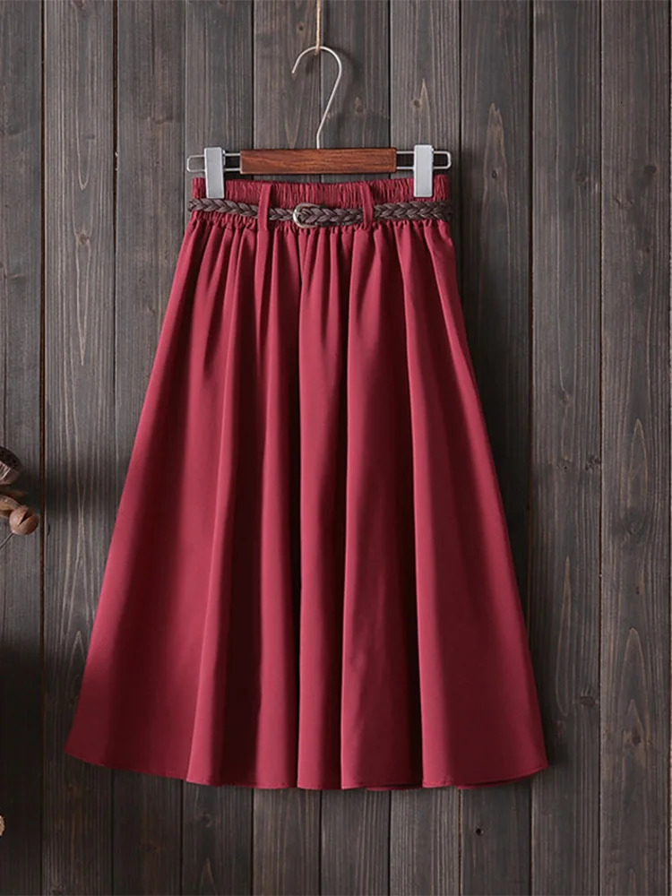 Midi Knee Length Summer Skirt Women With Belt Fashion Korean Ladies High Waist Pleated Aline School Female 250121