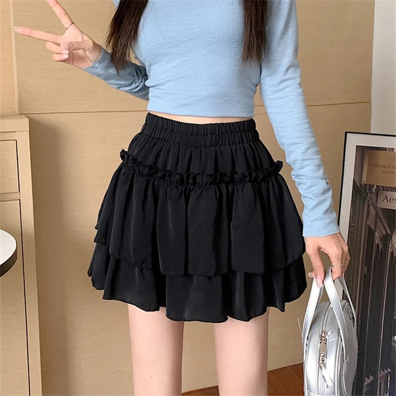 Summer Kawaii White Ruflles Skirt Women Fashion Slim Fit Chiffon Mini Skirts Giris Y2k All Match Elastic High Waist Black Faldas 250121
