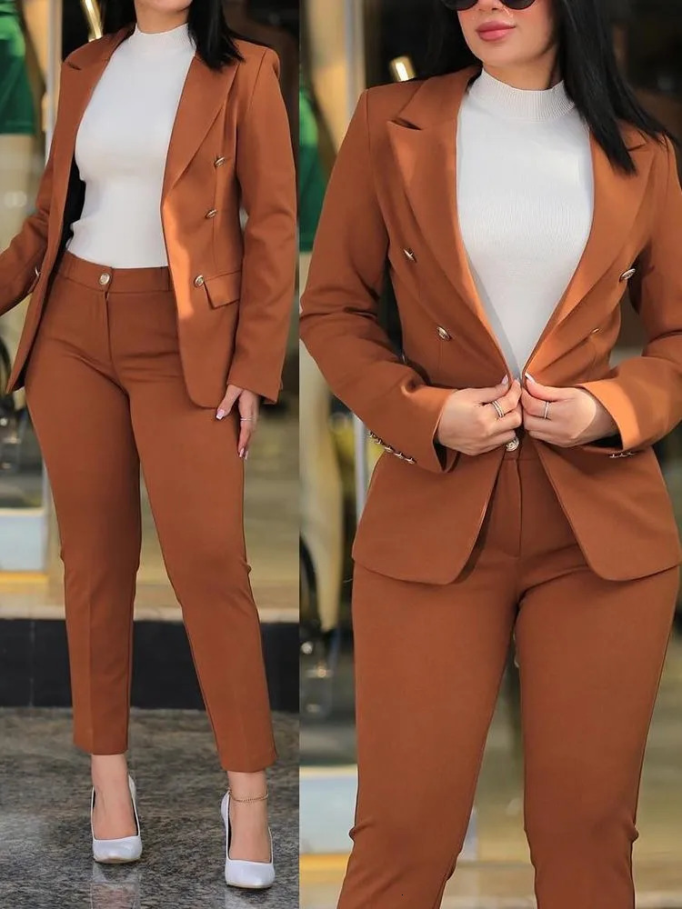 Elegant office womens two-piece autumn and winter womens fashionable notch collar long sleeved jacket and high waisted work pants set 250118