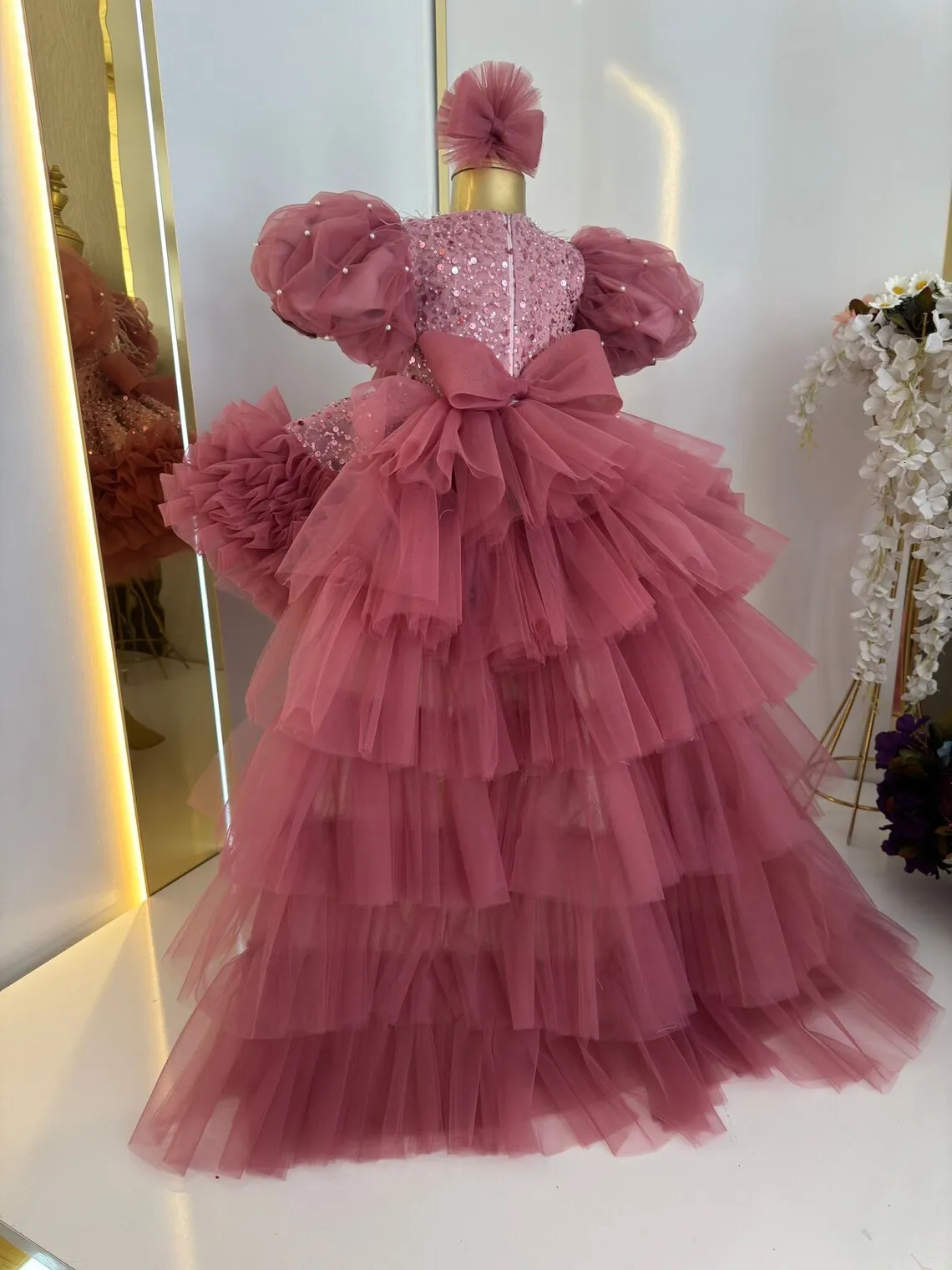 Dusty Pink Birthday Princess Feather Tulle Pageant Dress Glitter Flower Girl Dress Party Bow Formal Prom Gowns with Long Train 250120