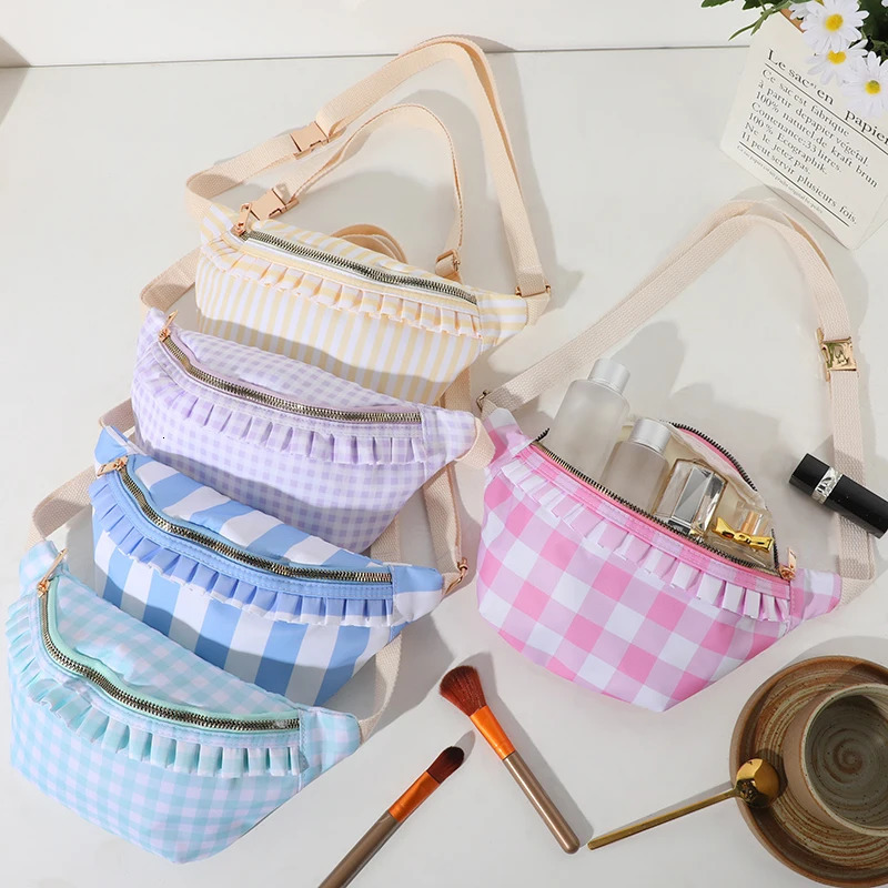 Ruffle Fanny Pack Nylon Gingham Belt Bag Women Stripe Waist Pack Bum Bag Zipper Adjustable Lightweight Water-Resistant 250122