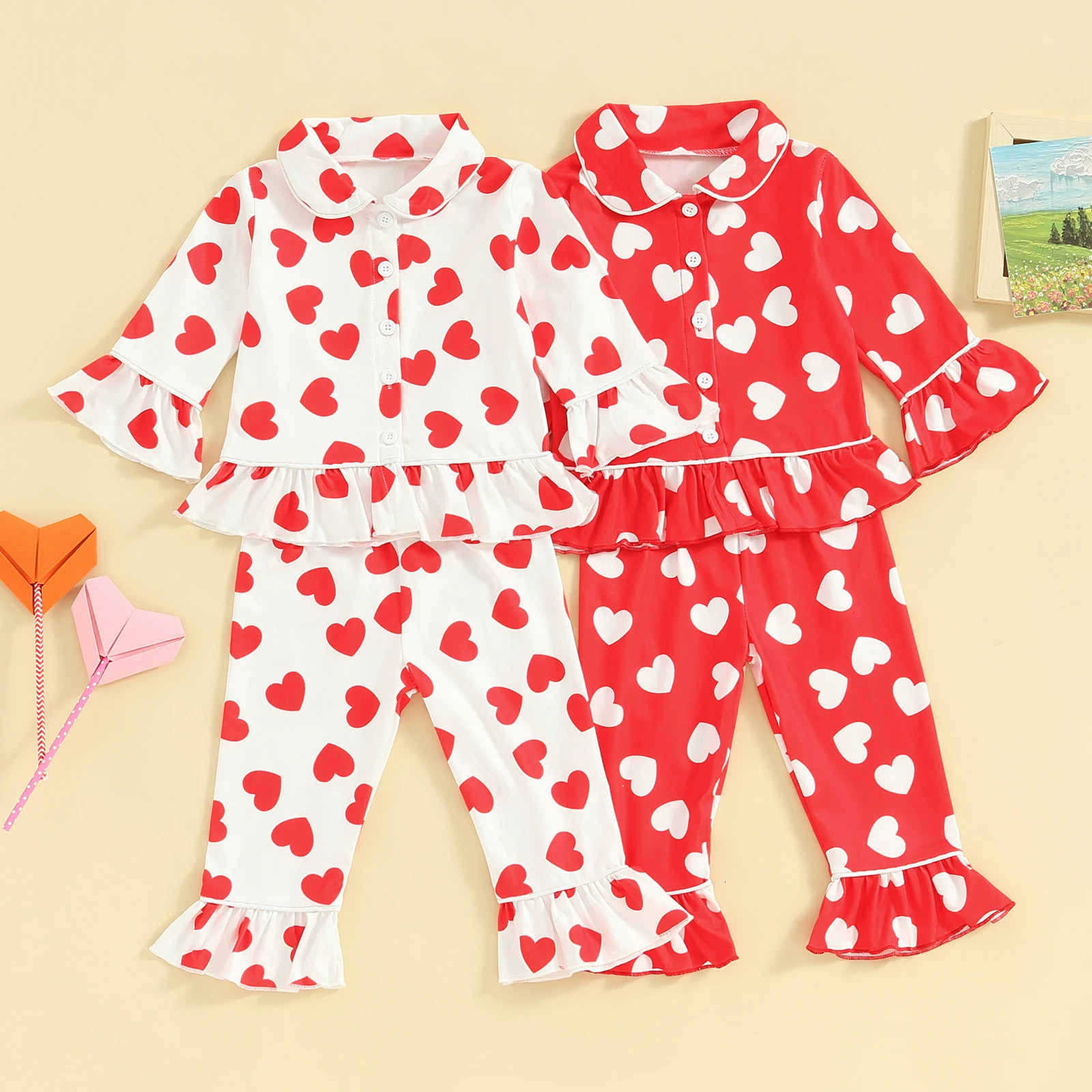 Pudcoco Kids Girls Valentine Pajamas Sets Heart Print Ruffled Button Long Sleeves Shirt and Elastic Flared Pants Loungewear 1-6T 250121