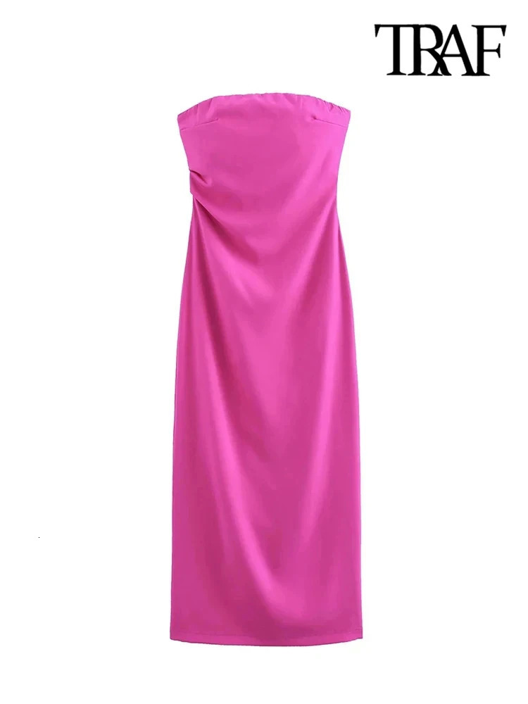 TRAF Women Fashion Strapless Gathered Midi Dress Sexy Straight Neck Back Slit Female Dresses Vestidos Mujer 250121