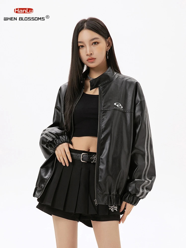 Metal Printed Black PU Leather Jacket for Men and Women Trendy American High Street Spring Couple Trend 250120