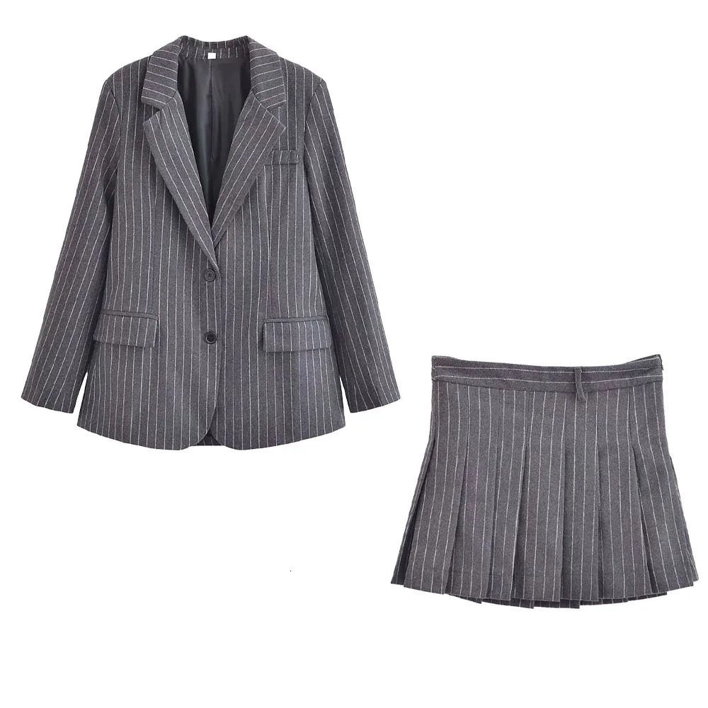 Spring Womens Casual Versatile Blended Fine Stripe Suit Coat Slim Fit High Waist Skirt Fashion Set 250109