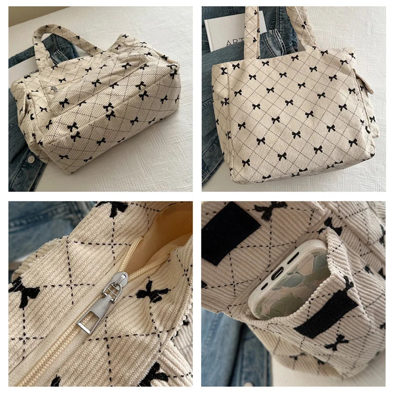 Large Capacity Corduroy Casual Tote Bags For Ladies Casual Bow Pattern Commuting Handbags Womens For Shopping 250122