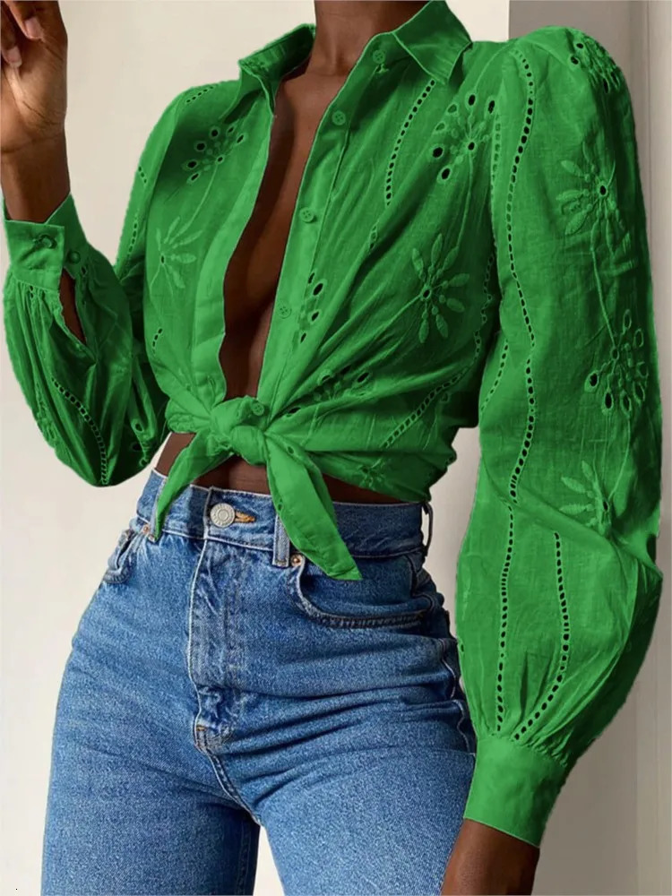 Solid Shirt Autumn Winter Casual Loose Fashion Hollow Puff Sleeve Cardigan Tops For Women Office White Blouses Woman Casual 250122