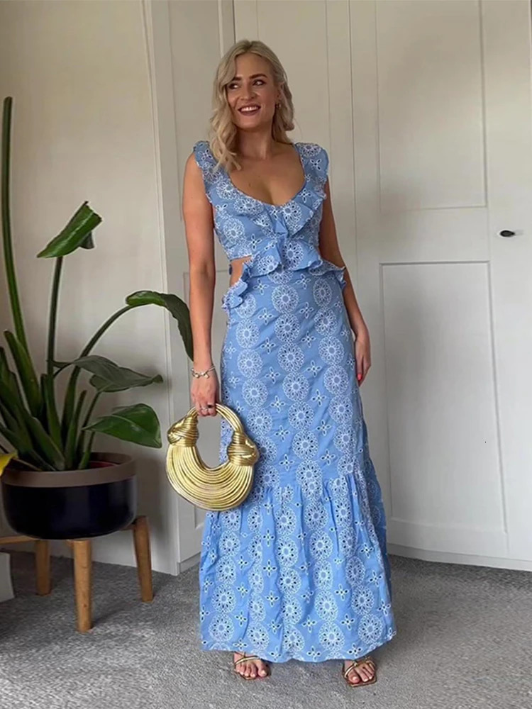 Summer Hollow Out Embroidery Maxi Dress For Women Sexy Sleeveless Backless Ruffle Long Beach Dress 2024 Holiday Lady Party Robe 250121