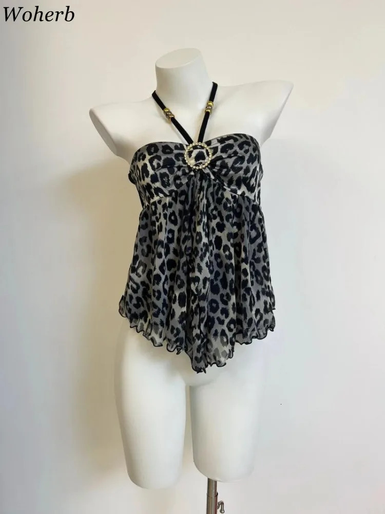Women Clothing Summer Crop Tops Ropa Mujer Halter Backless TLoose Vest Sweet Korean Camis Korean Leopard Print Sexy Tanks 250116