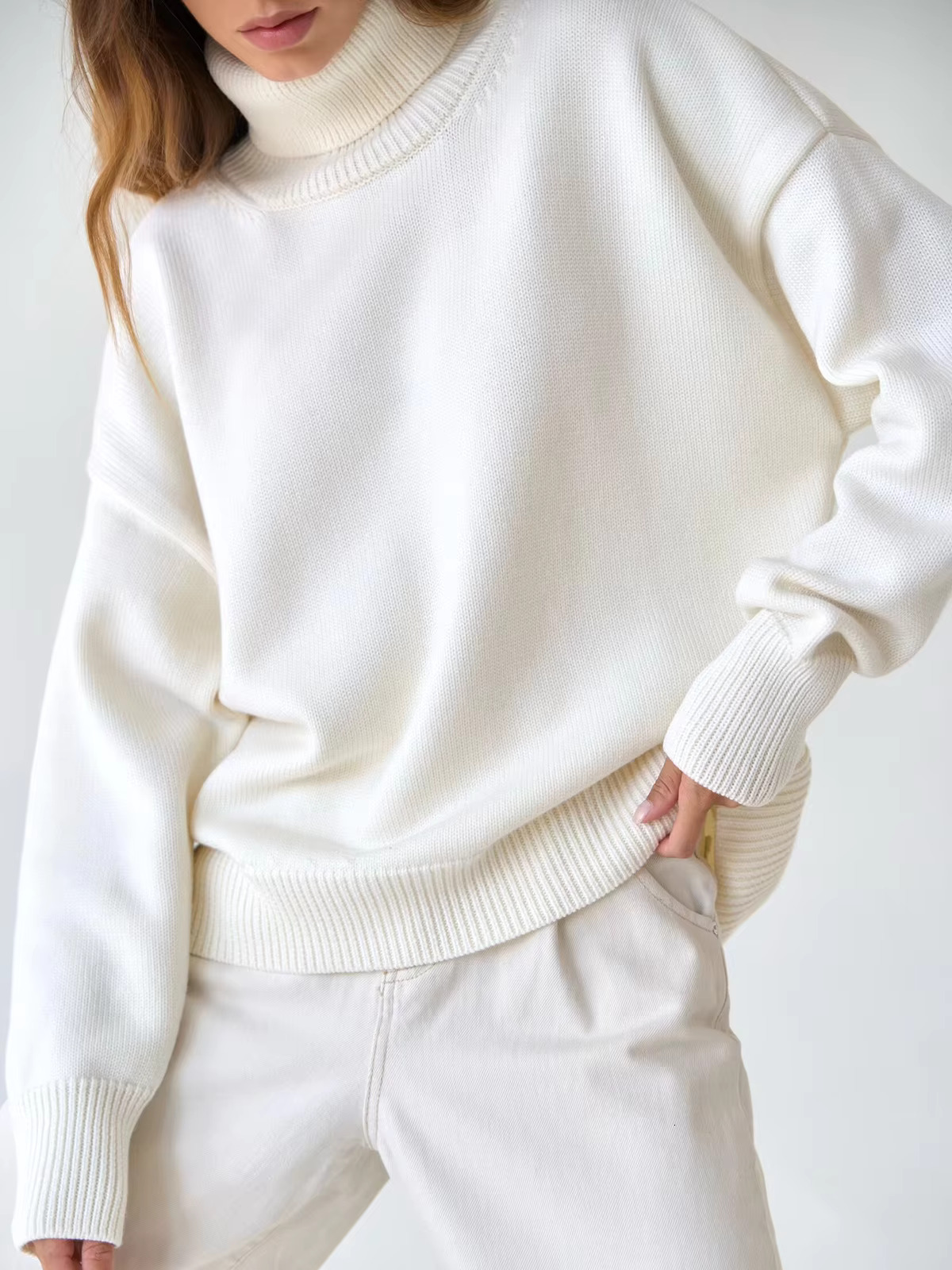 Fashion Women's Turtleneck Autumn Winter New Knit Pullover Oversized Jumper Female Loose Casual Solid White Sweater Tops