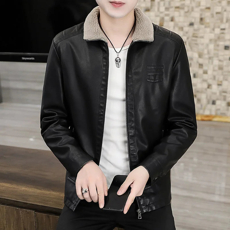 Fur Collar PU Leather Jacket Men Winter Leather Jacket Solid Color Thick Coat Male Thermal Fleece Casual Stand Collar Clothing 250120