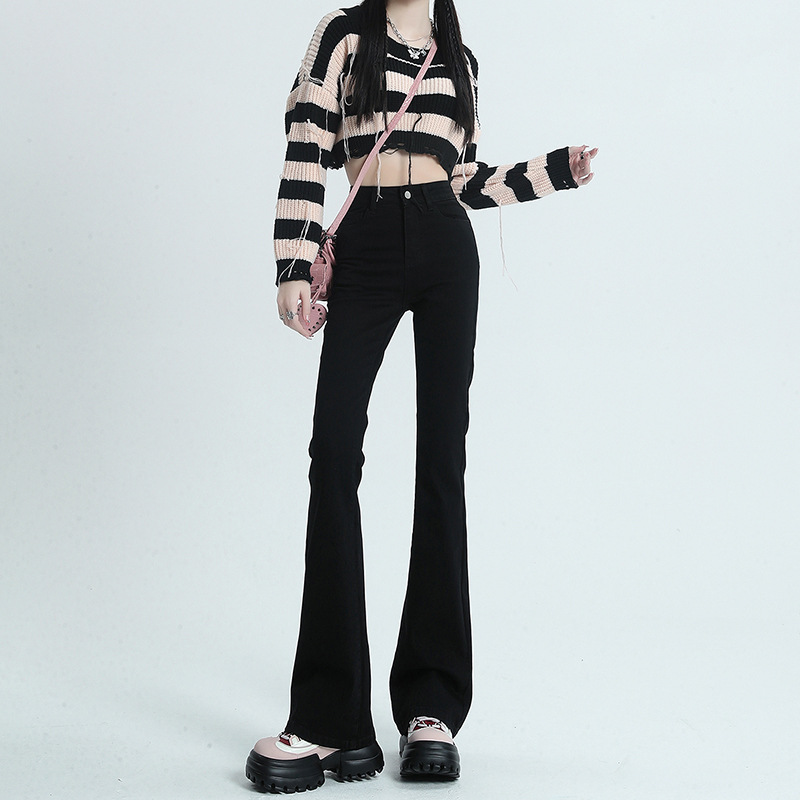 New hot-selling black micro-pull jeans women's autumn new high-waisted elastic high-looking thin small horseshoe pants