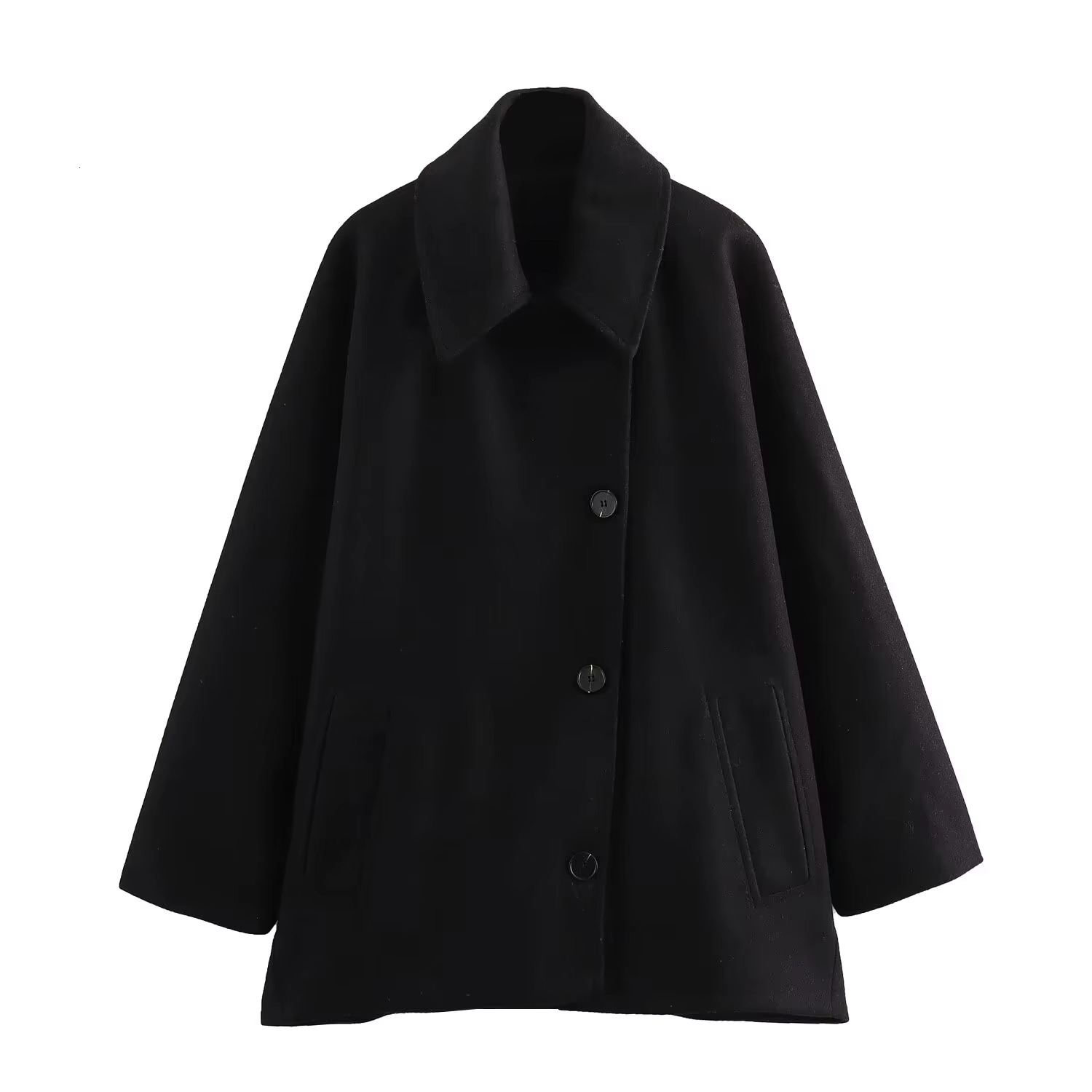 Autumn Winter Woolen Coat Women Fashion Solid Lapel Blend Short Cape Long Sleeve Loose Jacket Single-Breasted Pockets Outwears