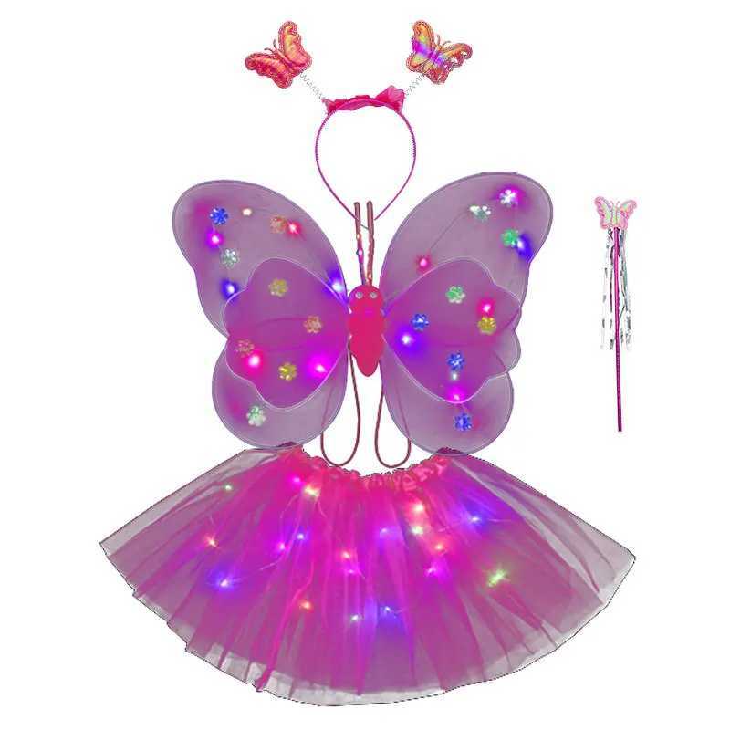 1set Glowing Kids Butterflies Fairy Wing Costume Set Stage Wear Girls Butterfly Wings Wand Headband Childrens Day Gift W250117