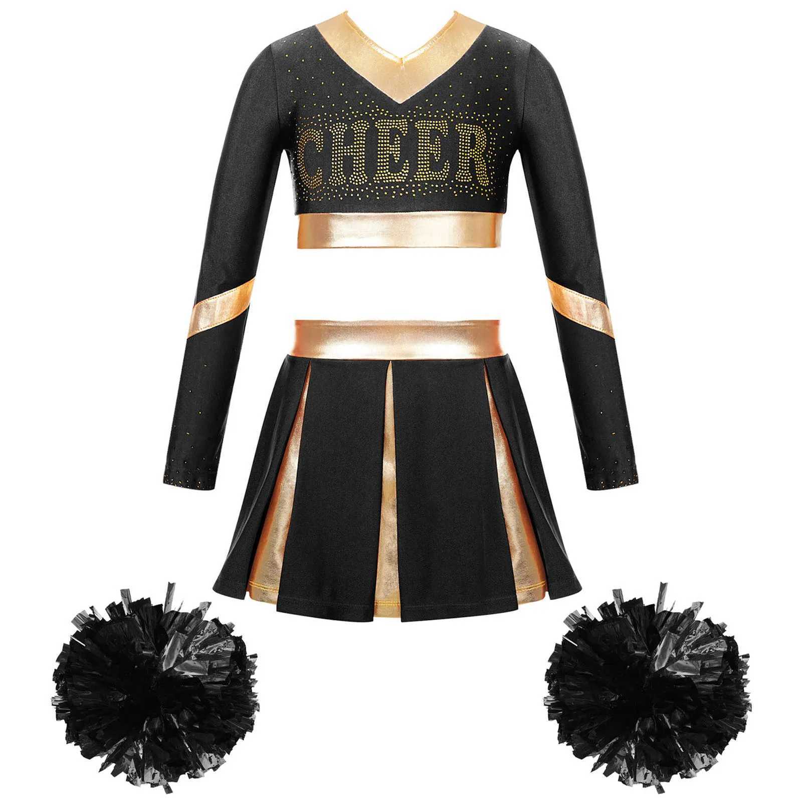 Kids Girls Cheer Dance Outfit Teens Cheerleading Uniforms with Hand Flowers Teen Dancewear Set for Children Performance ClothesW250121