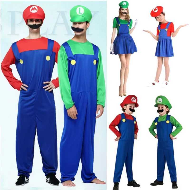 Super Luigi Cosplay Costume Adult Jumpsuit Beard Hat Men and Women Set kid Halloween Costume W250117