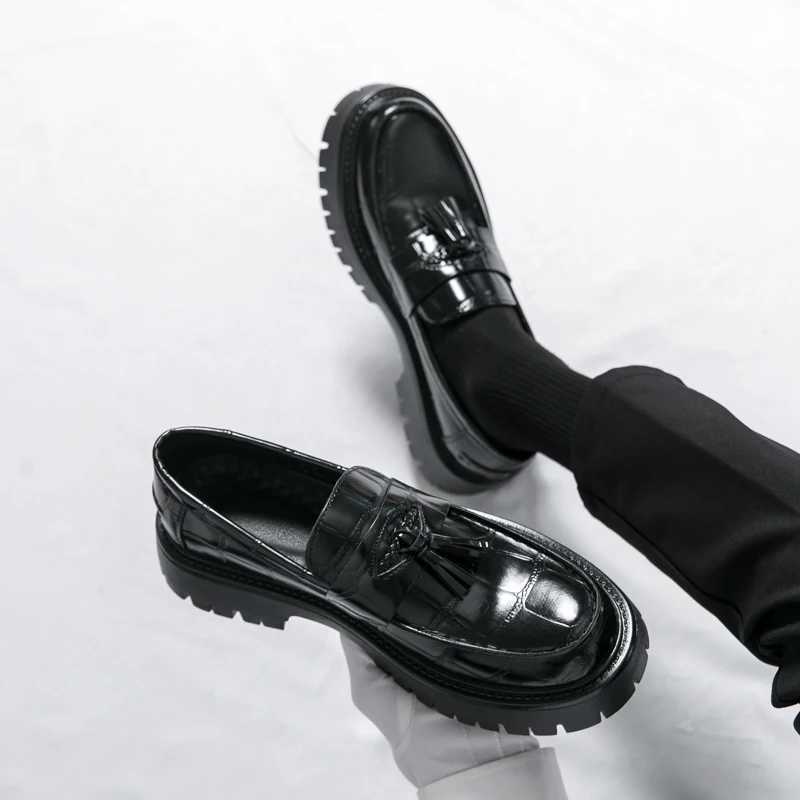 Business Tassel Loafers Shoes Slip Casual Thick Bottom Leather Black Dress Party Shoes Boat Loafers For Man FiXJ250118