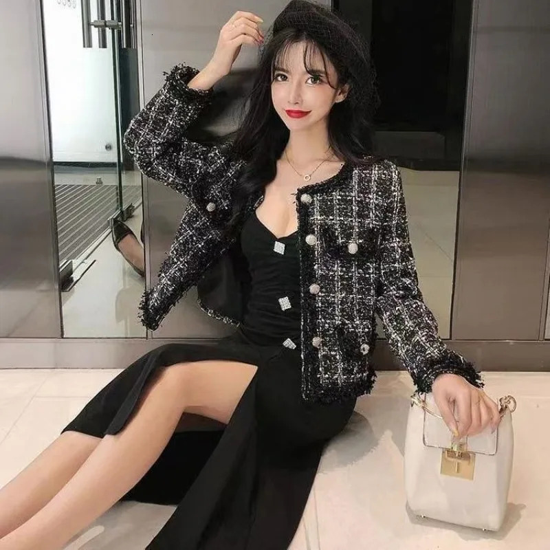 y Tweed Jacket Women Coat Long Sleeve Blazer Crop Short Tops Plaid Pockets Office Ladies Clothing 250122