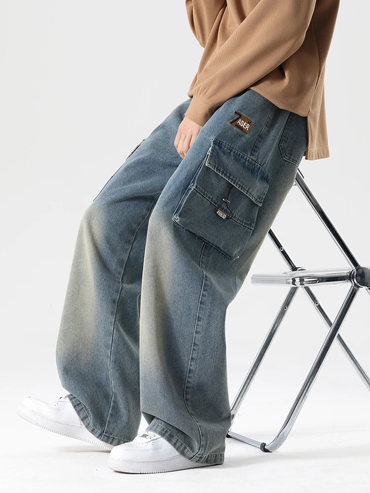 Autumn Mens Cargo Jeans Big Size 8XL 7XL 6XL String Banding Cotton Wide Leg Denim Pants Straight Baggy Jean Trousers 250121
