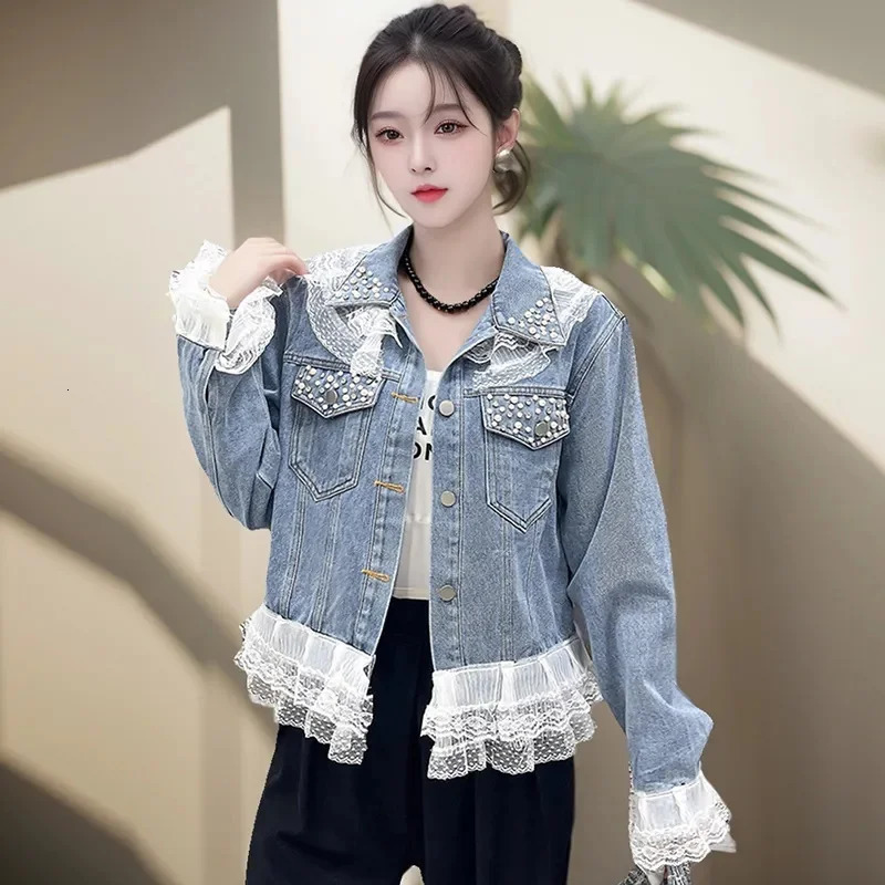Women Denim Jacket 2025 Fashion Lace Patchwork Spring Autumn Casual Jeans Coat Outerwear Top Large Size 5XL 250113