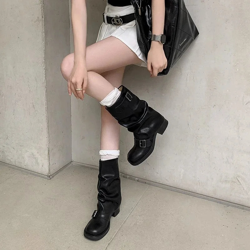 Autumn Winter Thick High Heels Women Mid Calf Boots Gothic Calves Motorcycles Buckle Comfy Walking 250117