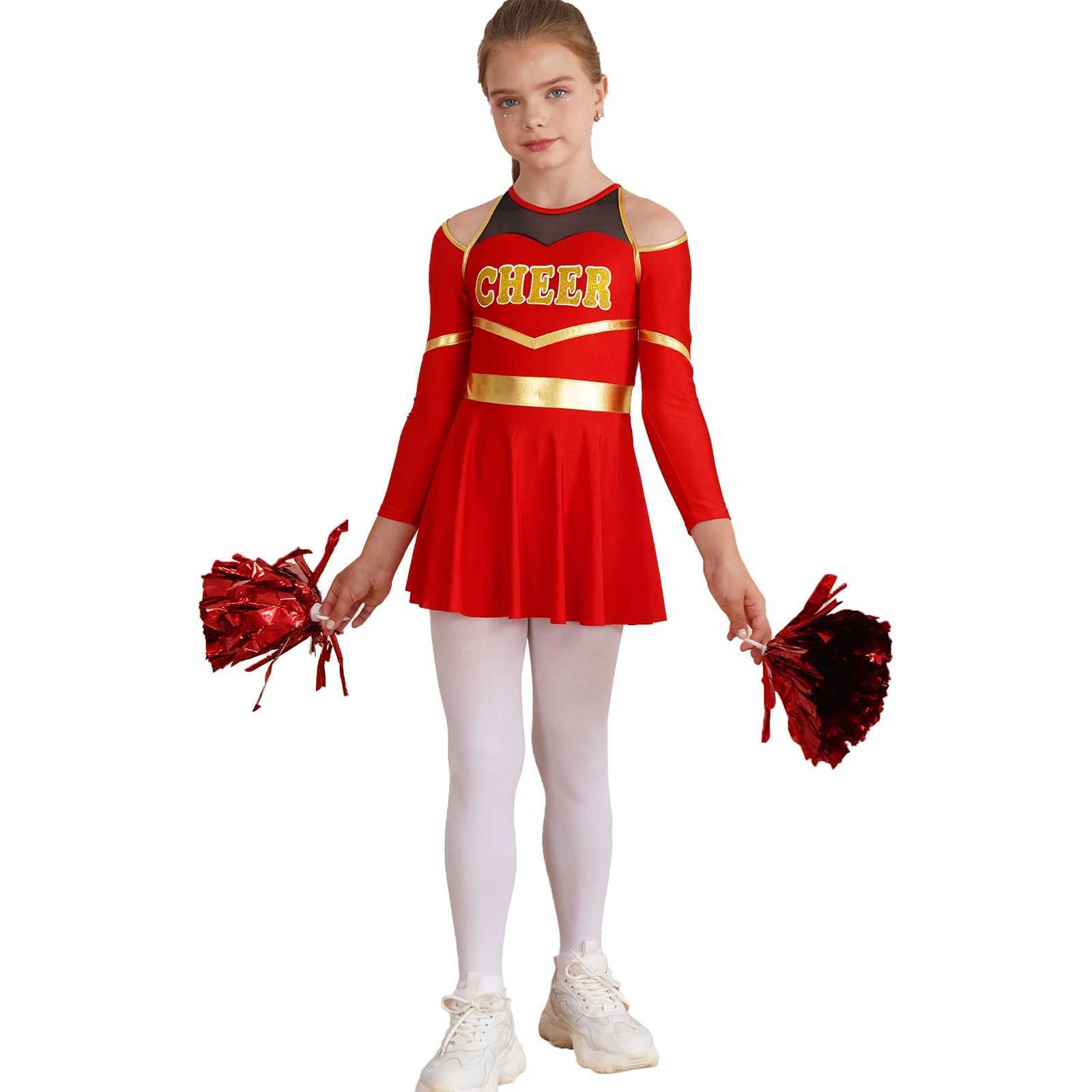 Kids Cheer Dance Outfits School Girls Cheerleading Uniforms Children Long Sleeve Leotard Dress with Hand Flowers for CosplayW250121