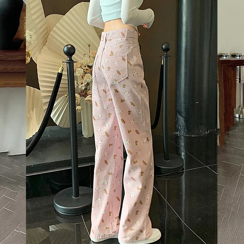 White pants baggy jeans women denim clothing slouchy full length high waisted Summer Printed 250122