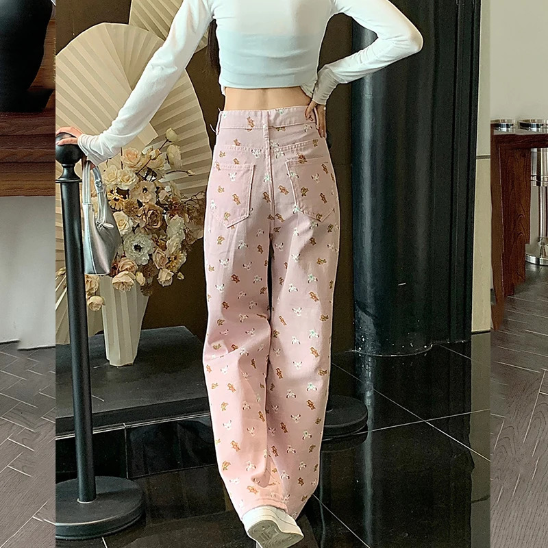 White pants baggy jeans women denim clothing slouchy full length high waisted Summer Printed 250122
